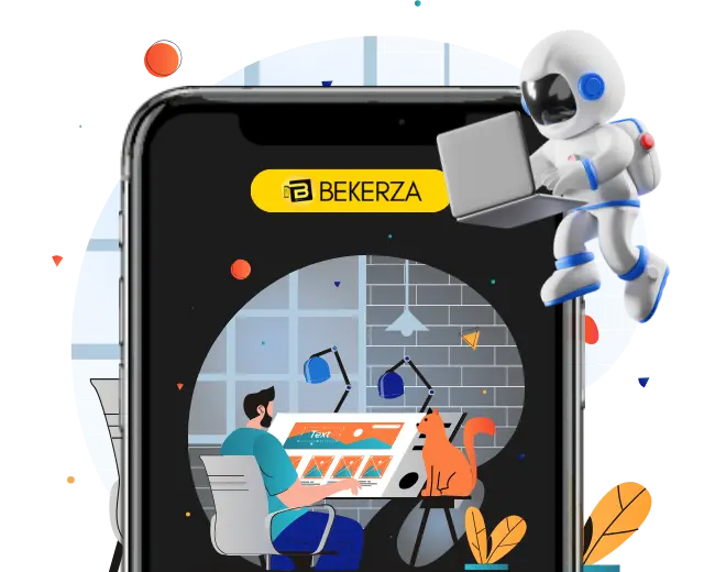 gambar animasi seorang pria sedang mendesain website dan astronot yang menggunakan laptop sebagai simbol website yang mengudara di dunia digital.